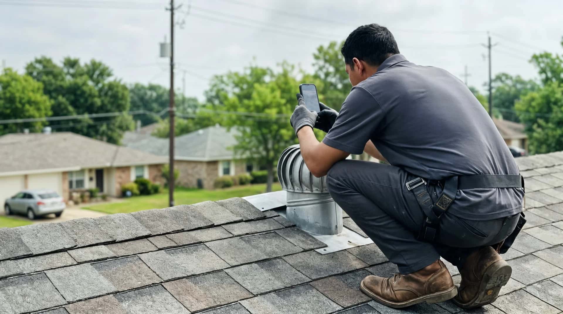 Inspector photographing a roof vent on a shingled roof