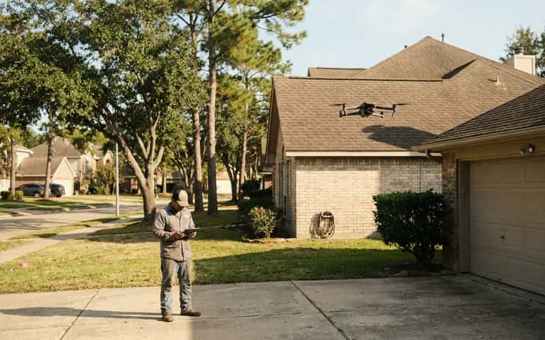 Operator flying a quadcopter drone above a shingled residential roof