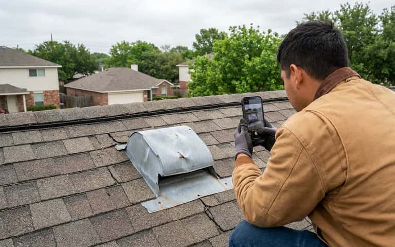 Roofing professional photographing a weathered metal roof vent and its flashing
