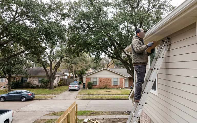 Inspector on a ladder taking notes at the gutter line of a rental house