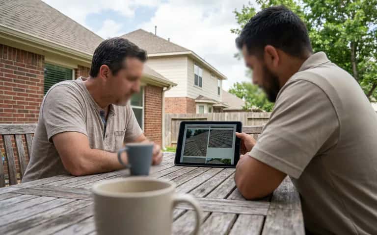 Homeowner and roofing professional reviewing roof photos on a tablet