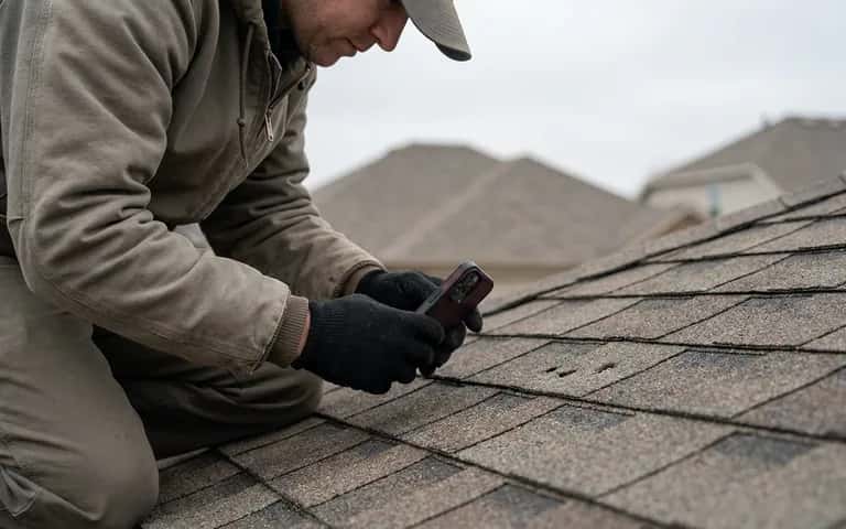 Roofing professional photographing impact marks on asphalt shingles