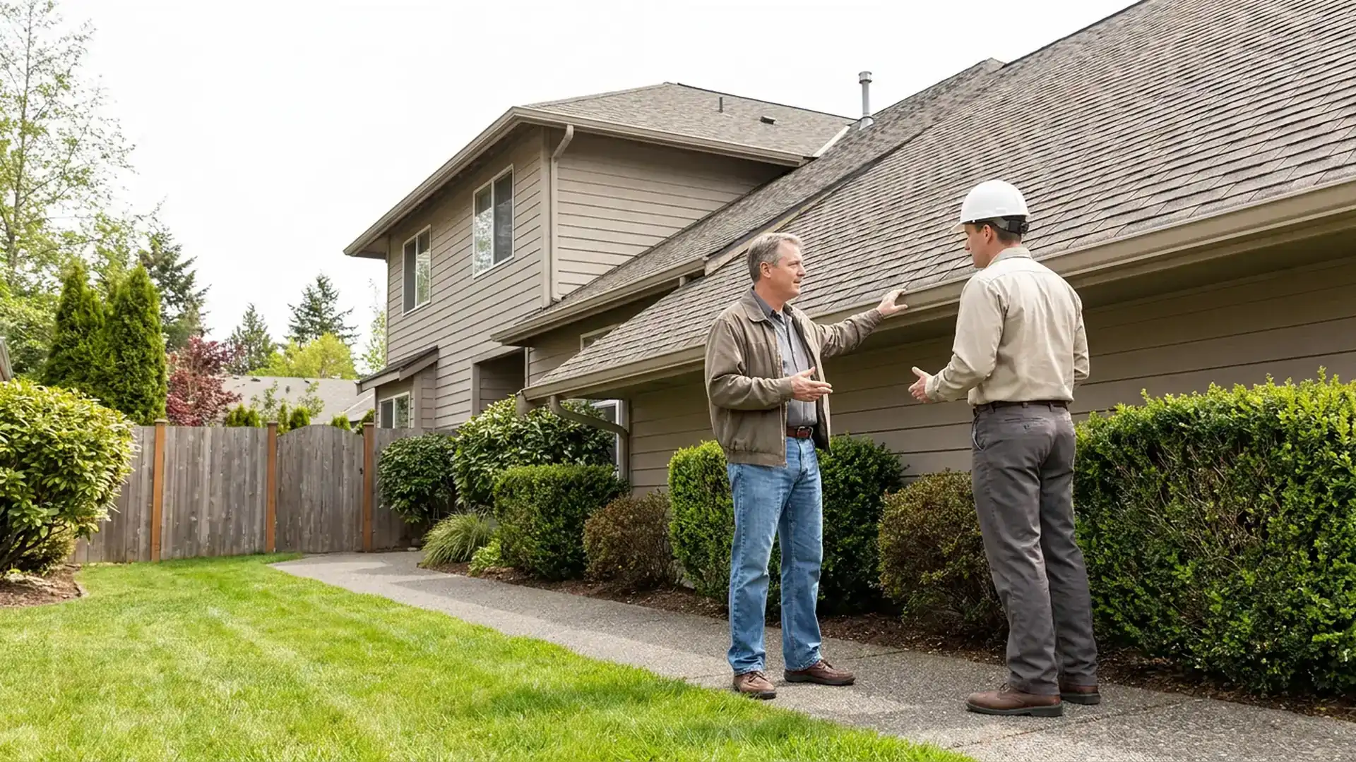 Homeowner and roofing professional discussing a residential roof concern