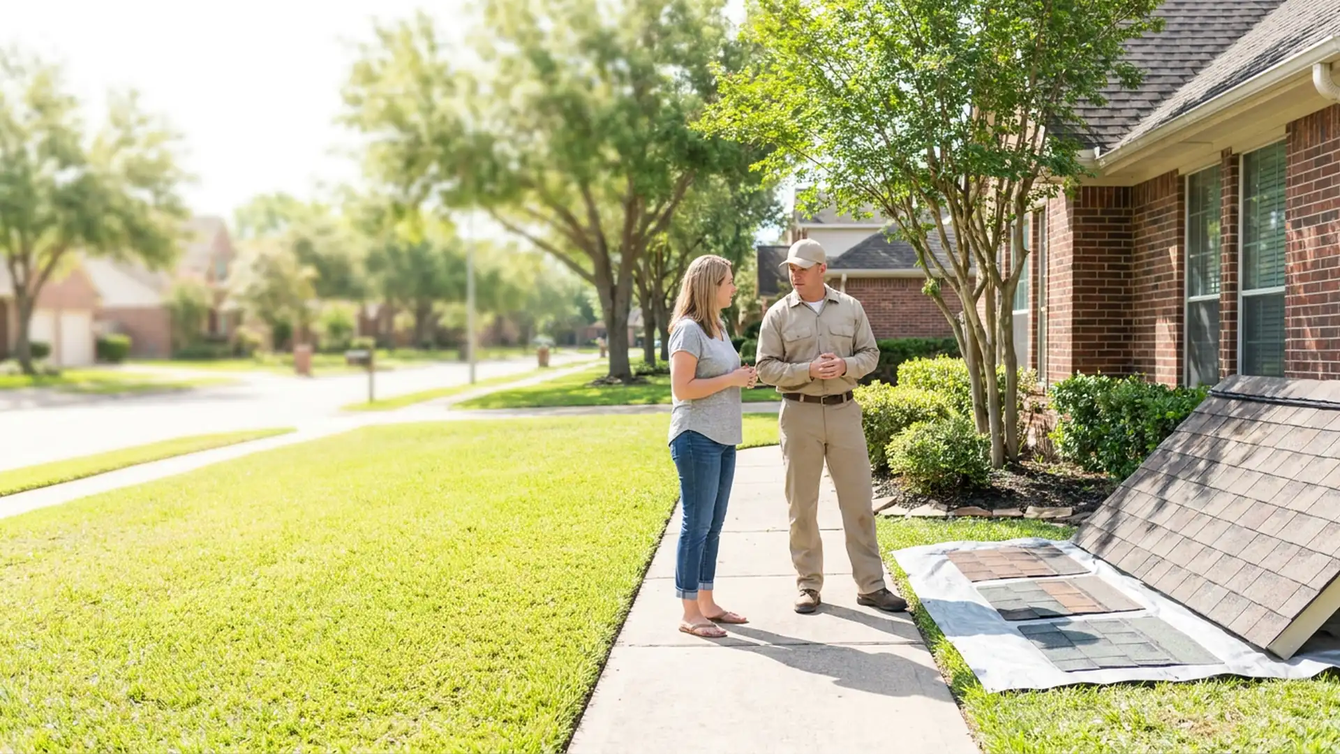 Homeowner and roofing professional discussing roof material options