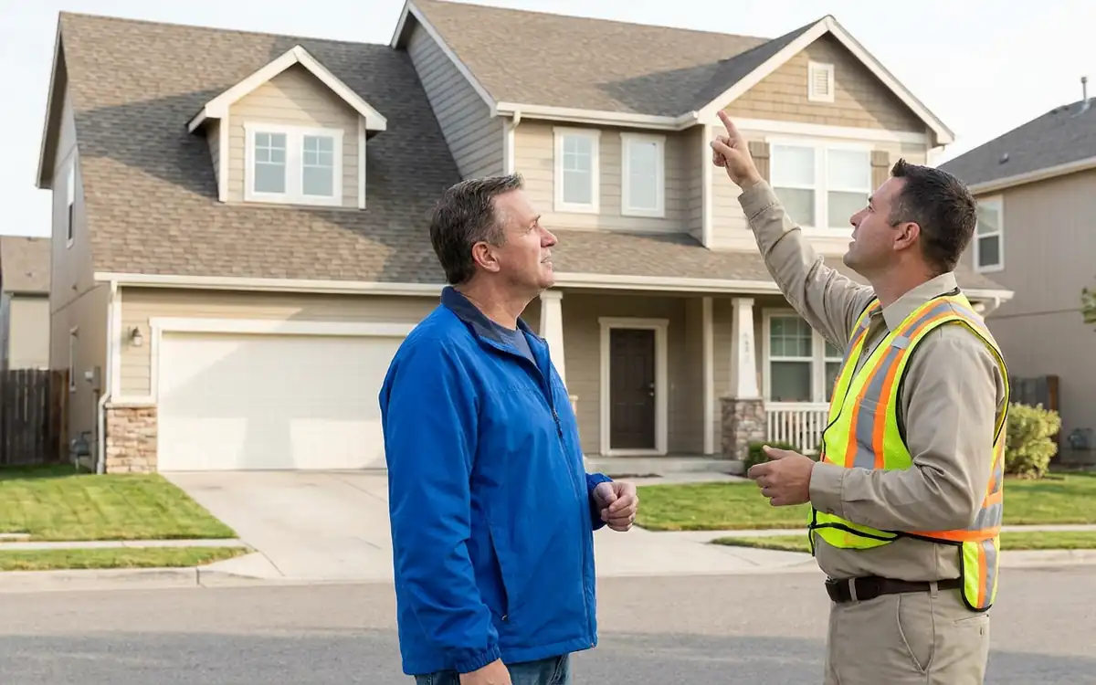 Homeowner and roofing professional discussing a residential roof