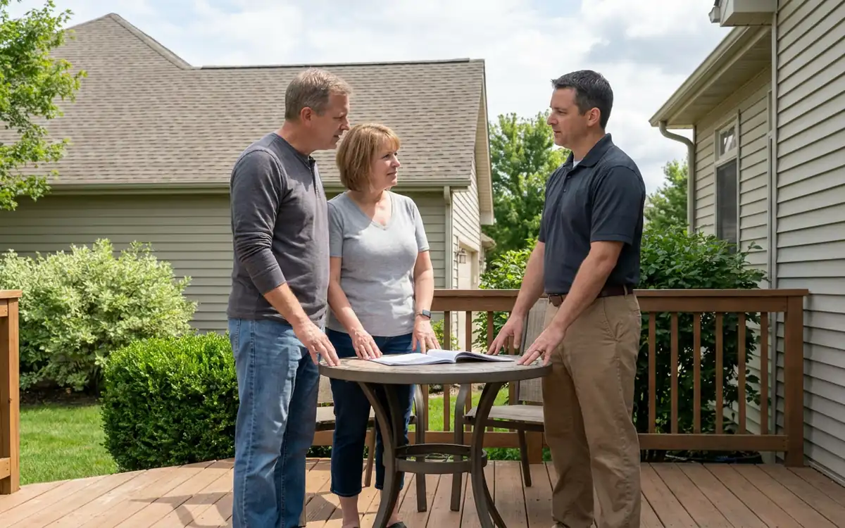 Homeowners and roofing professional discussing inspection scope