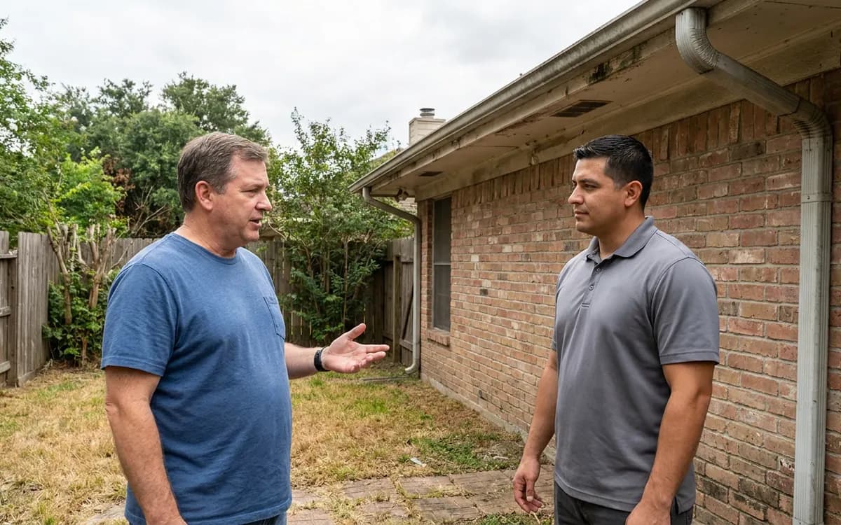 Homeowner discussing roof scope with a roofing professional
