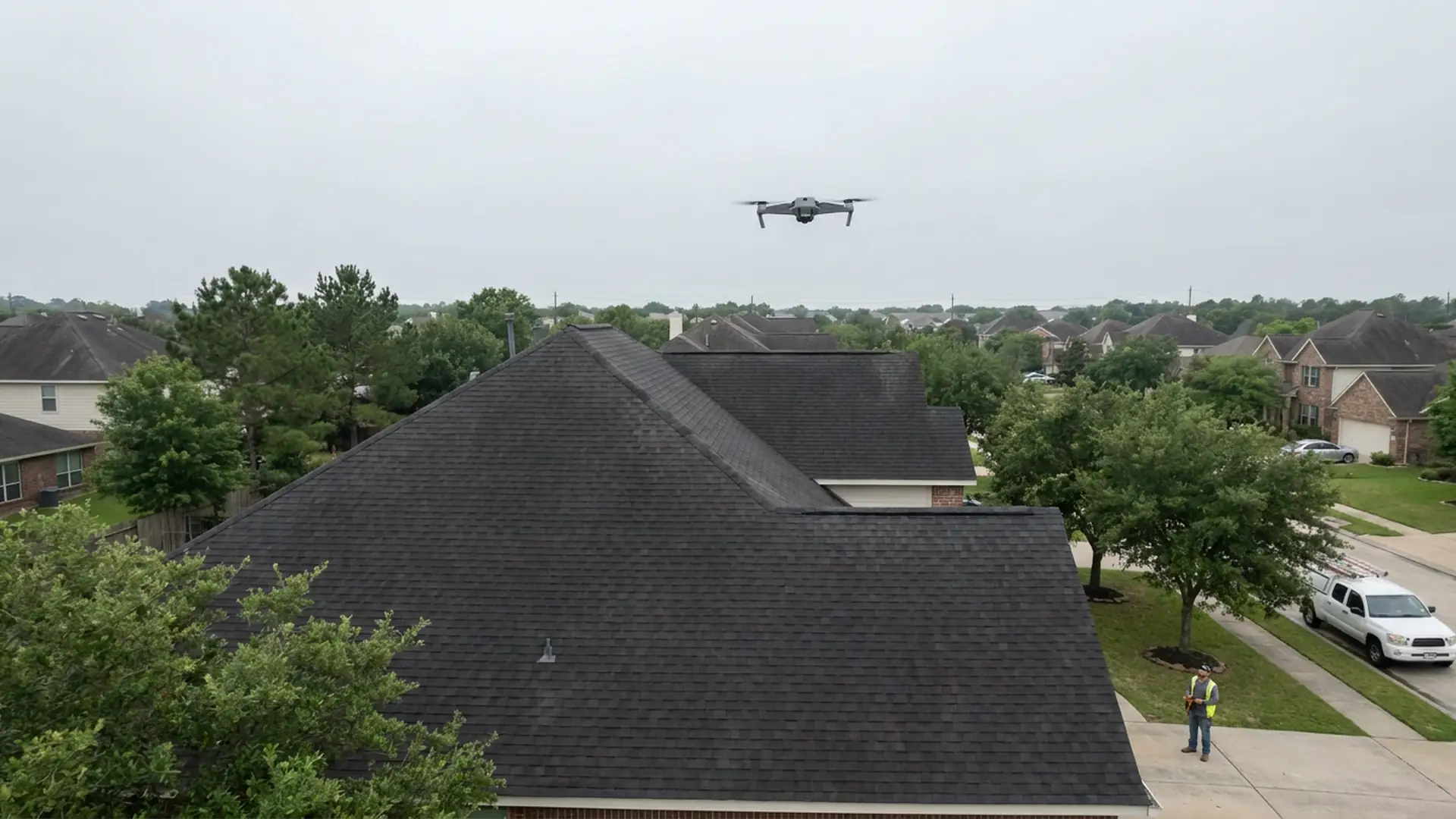 Aerial view of a Houston-area roof during a drone inspection