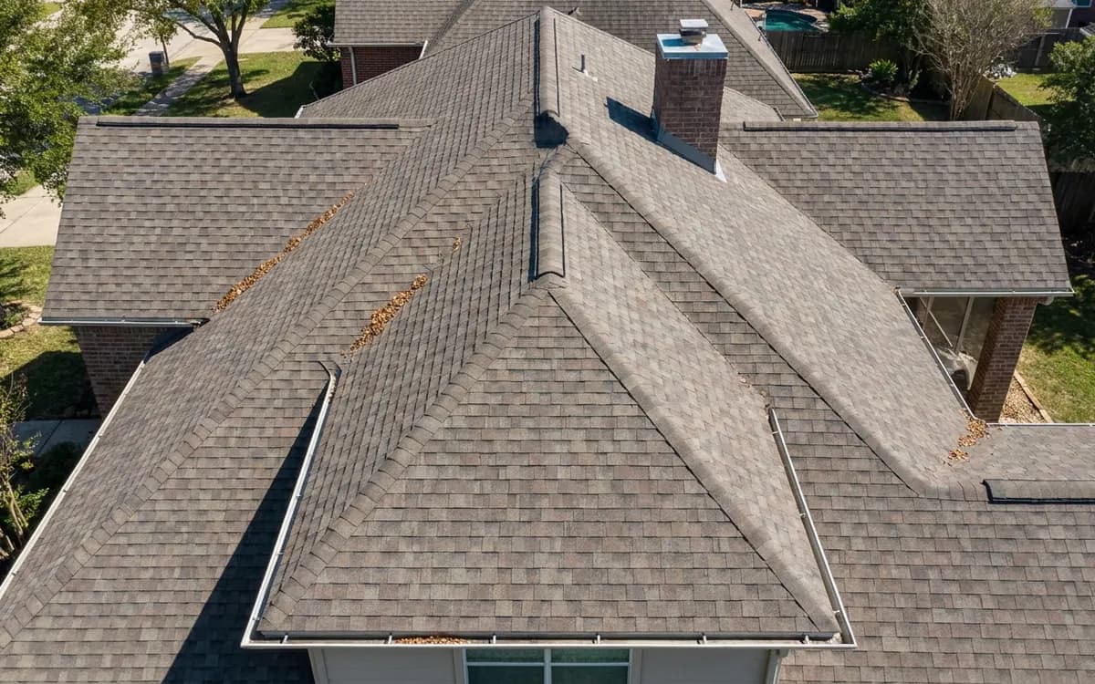 Aerial view of roof planes, valleys, flashing, and gutters for a roof survey