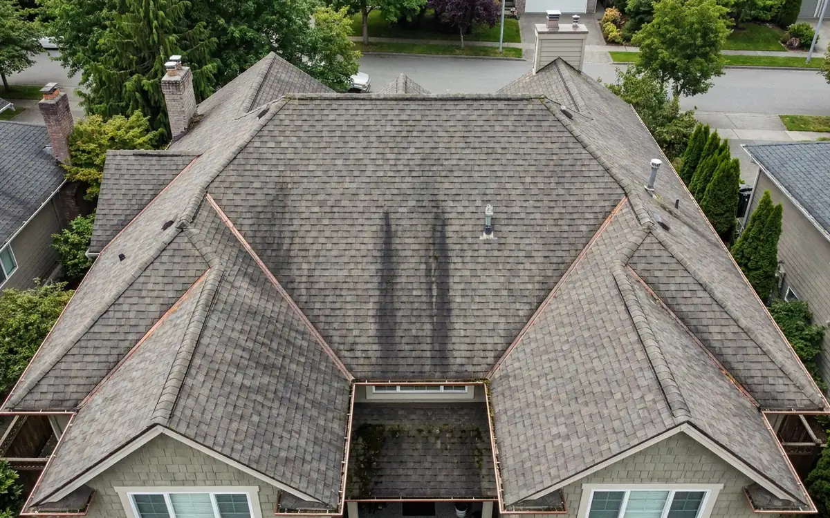 Aerial view of roof valleys and drainage patterns