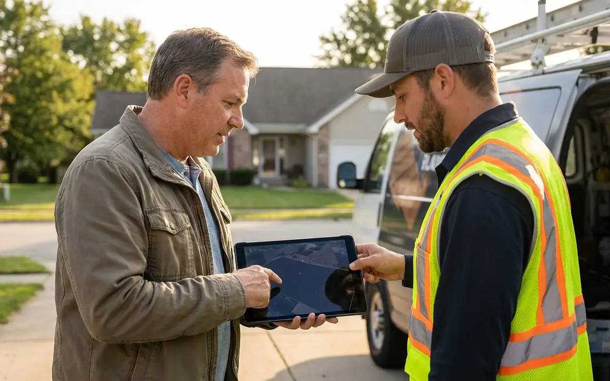 Homeowner and roofing professional reviewing aerial roof documentation