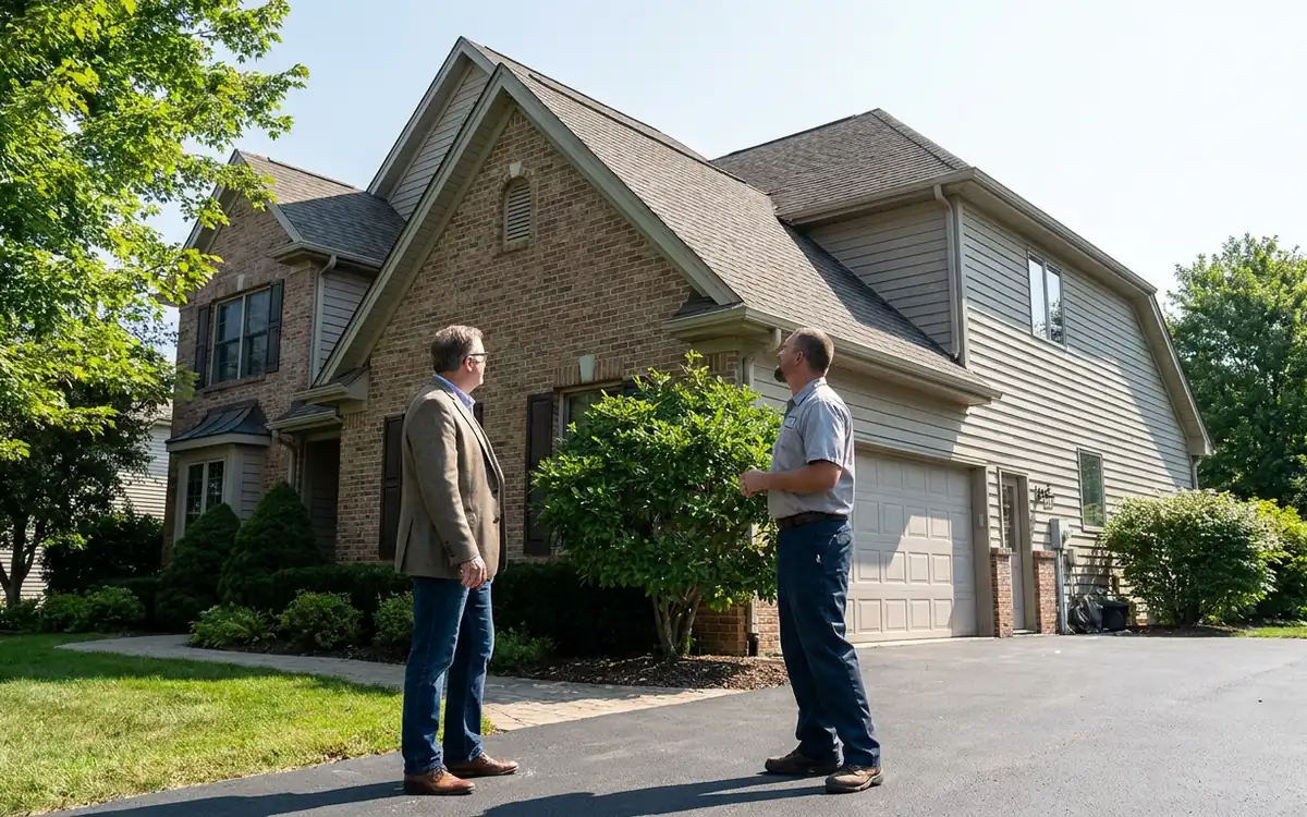 Homeowner and roofing professional discussing a residential roof