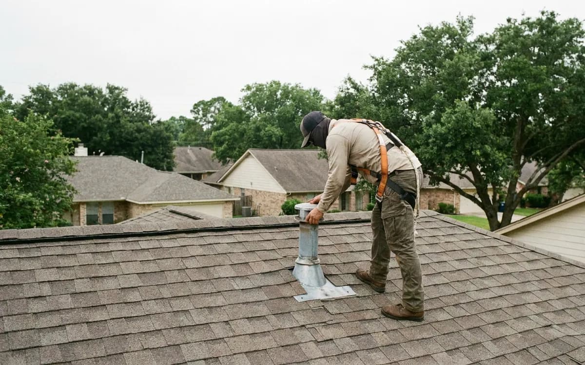 Roof inspector examining a Houston home's roof