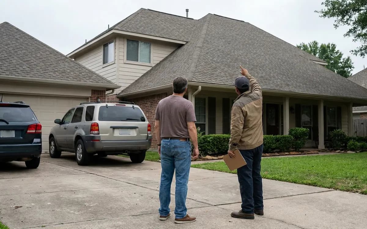 Roofing professional and homeowner looking at a home's roof