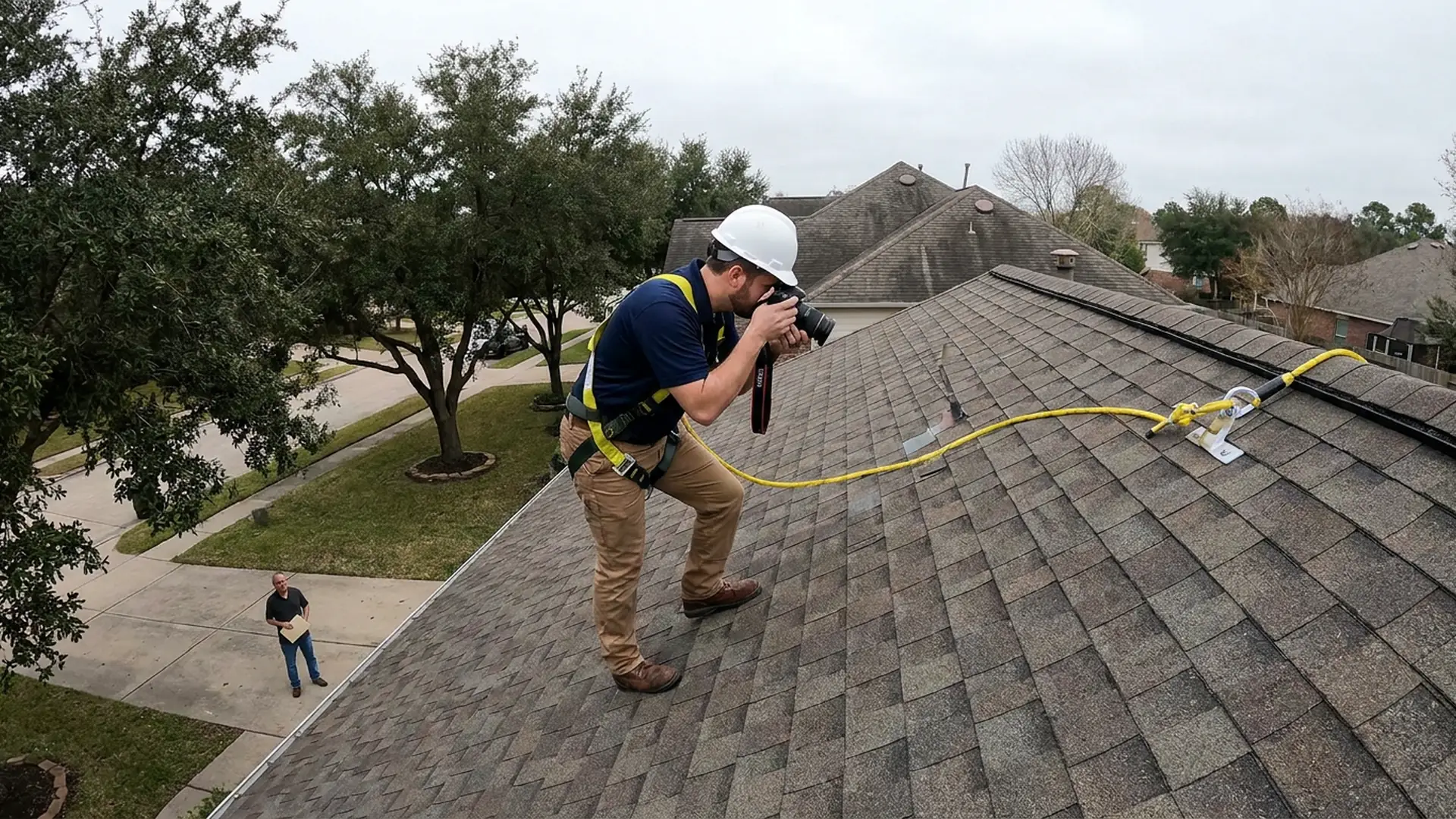Roofing professional documenting roof conditions for an insurance claim in Houston