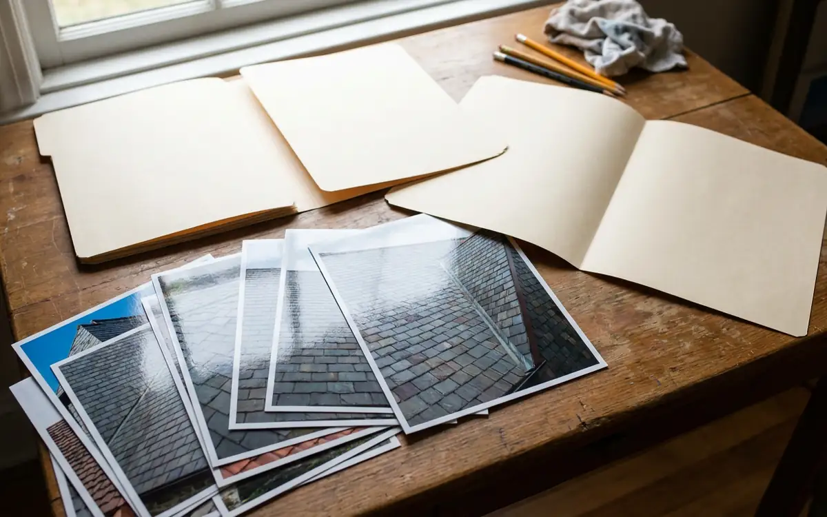 Roof photographs and two blank assessment folders for comparing findings
