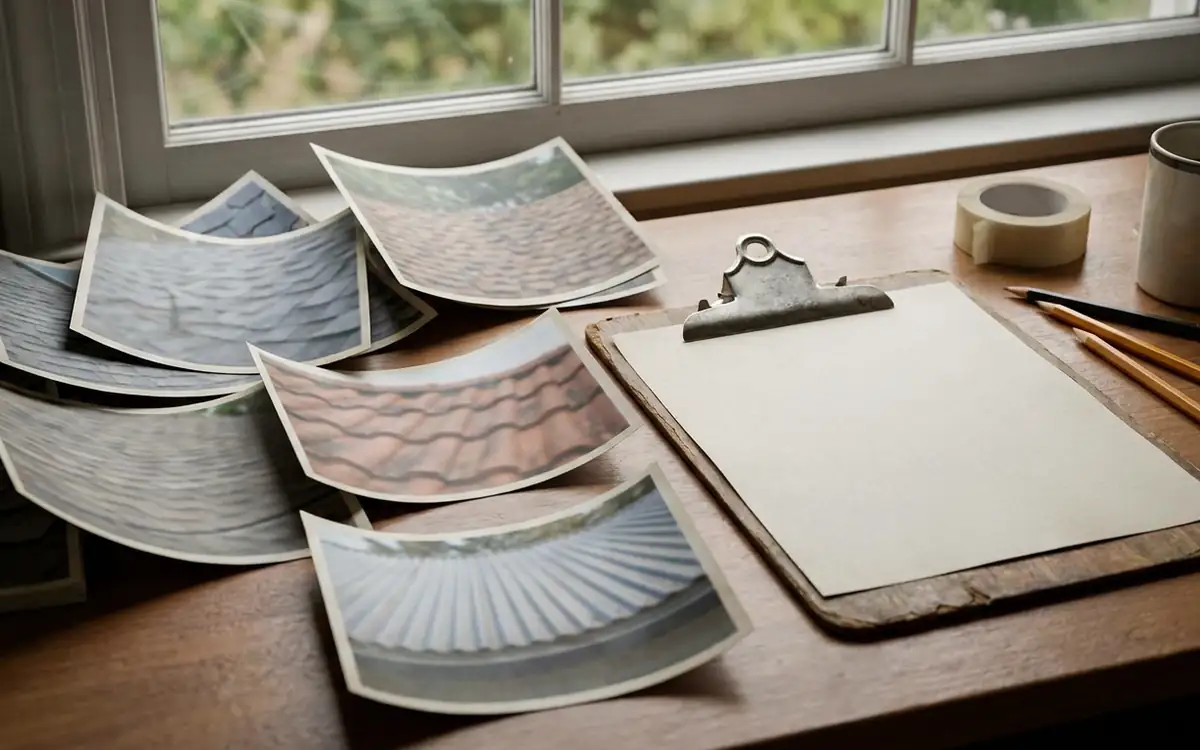 Roof photographs and a blank clipboard for claim documentation