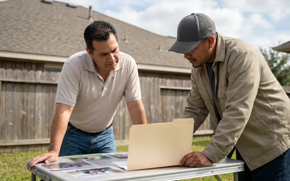Homeowner and roofing professional reviewing roof documentation outdoors
