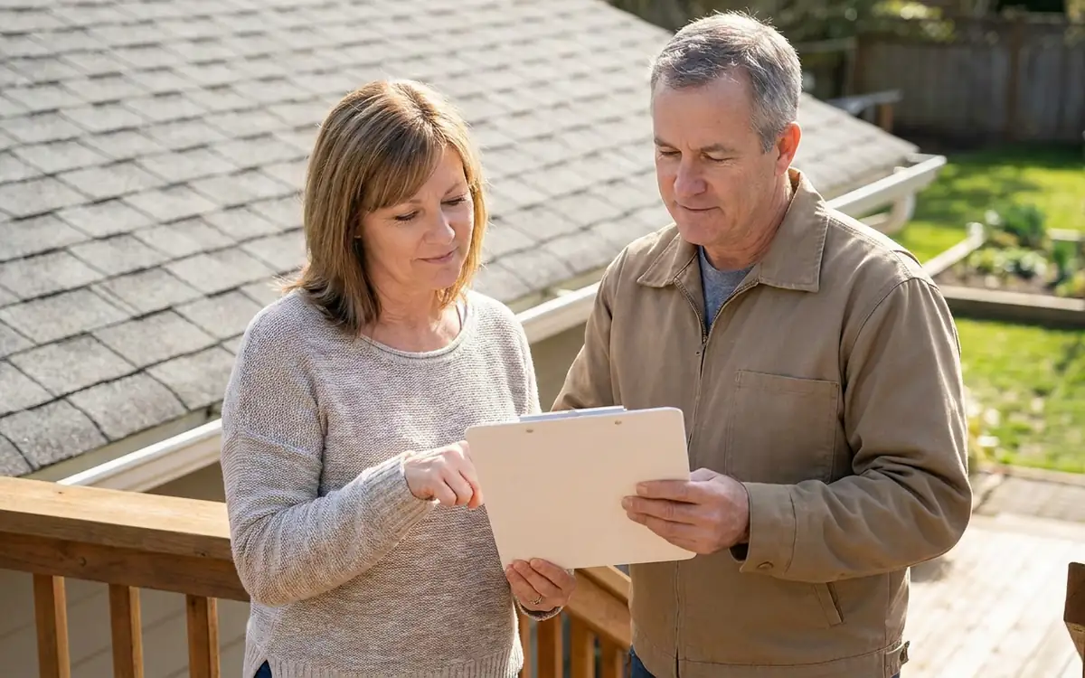 Homeowner reviewing a written roofing scope before authorizing work