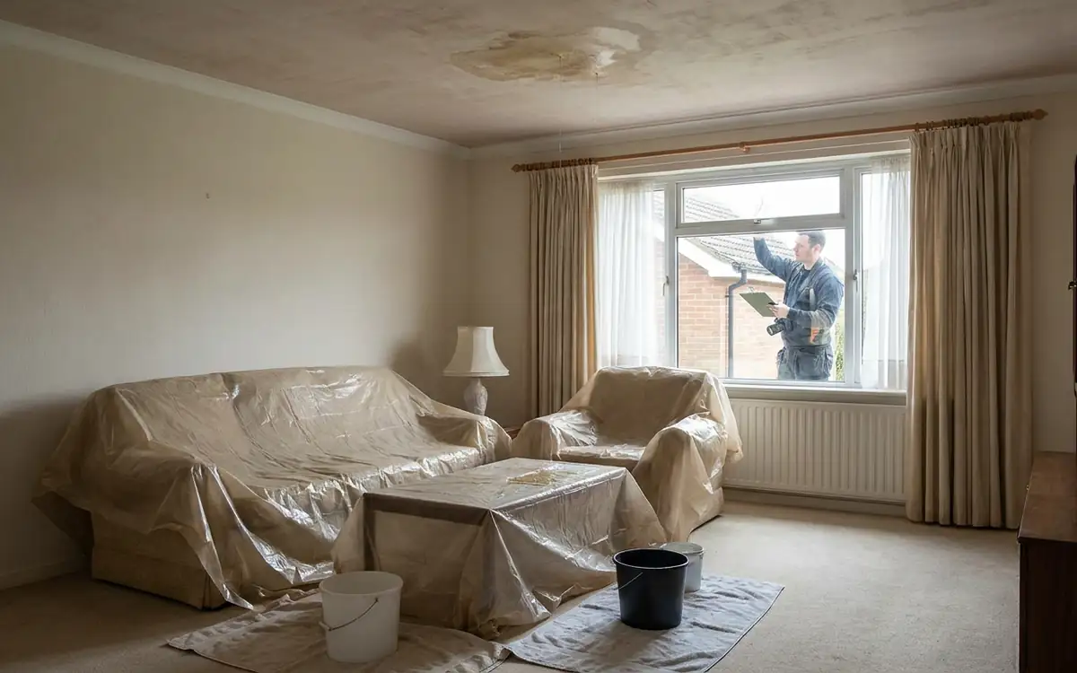 Furniture protected from ceiling water while roof conditions are documented