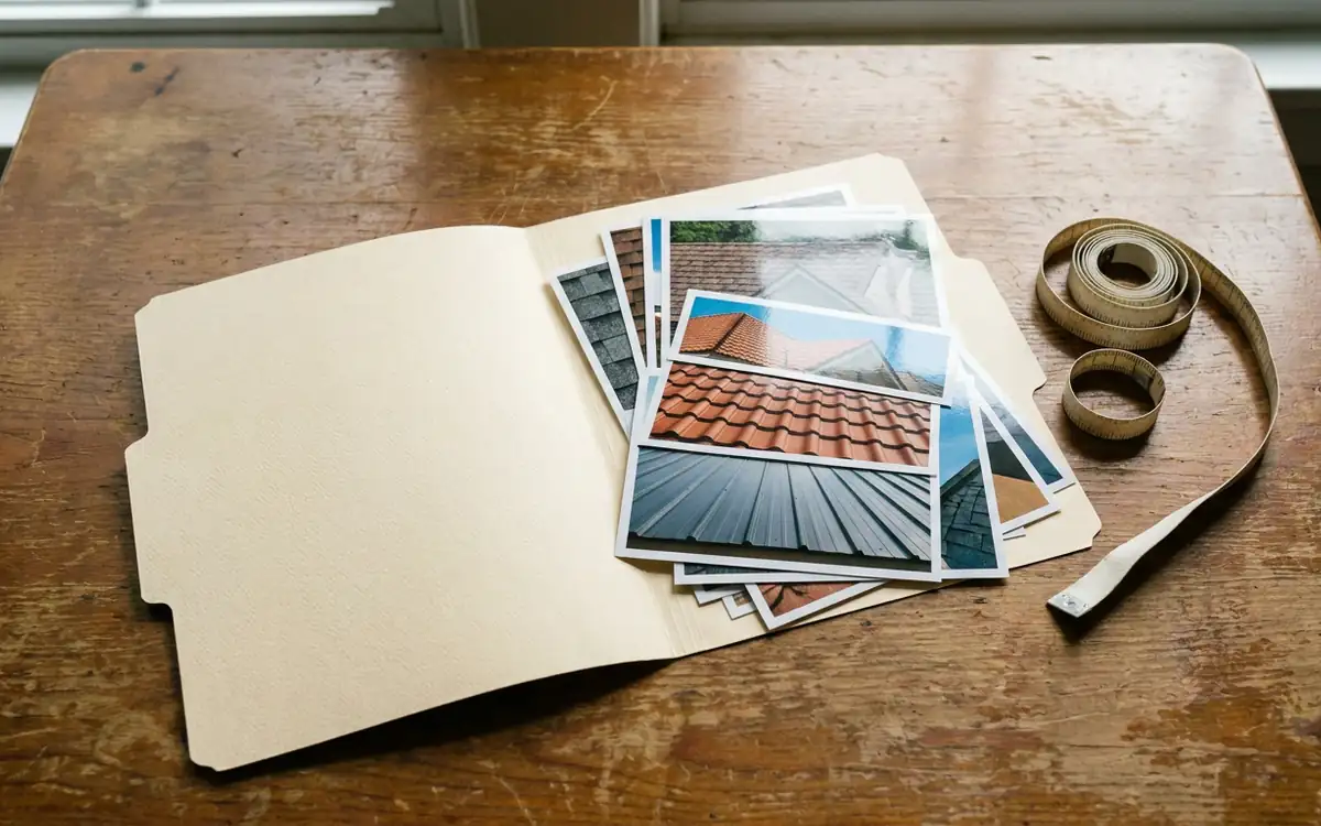 Blank unbranded folder with roof photographs on a table