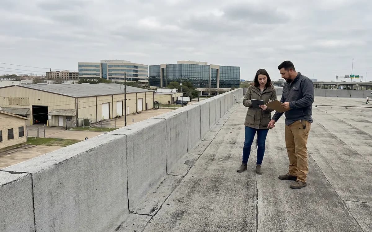 Property manager and roofing professional reviewing a Houston commercial roof