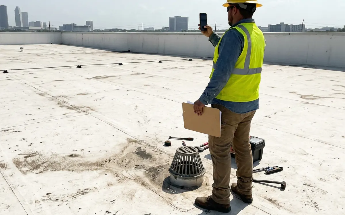 Roofing professional documenting conditions on an accessible low-slope roof