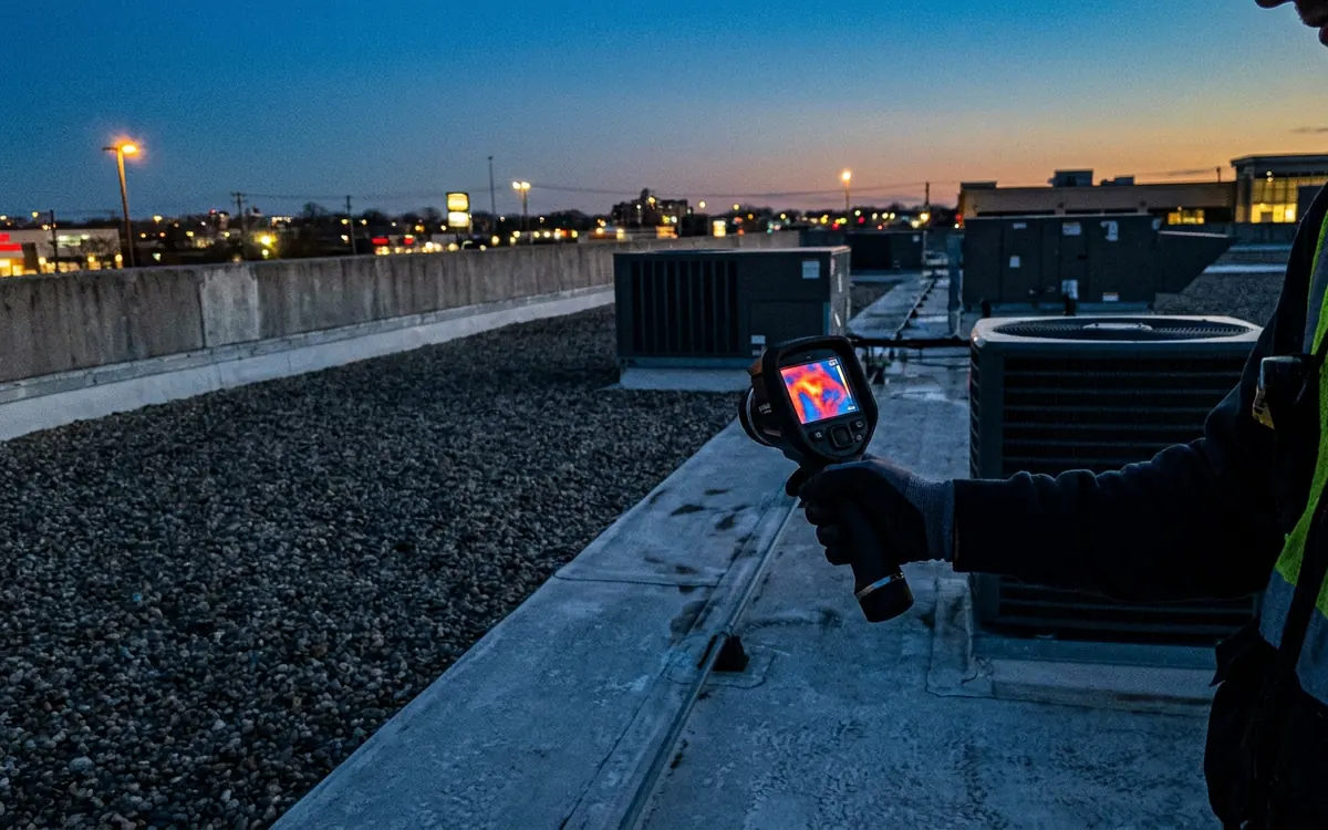 Infrared moisture survey equipment scanning a low-slope commercial roof at dusk