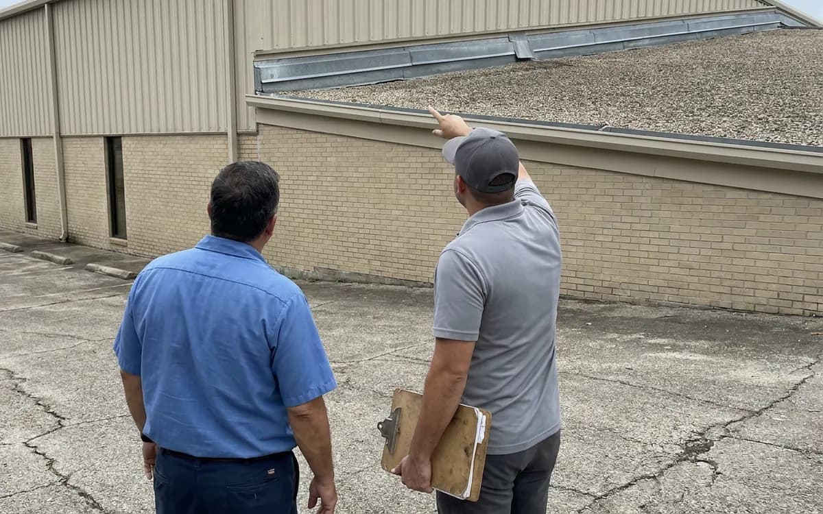 Building owner and roofing professional discussing a commercial roof inspection