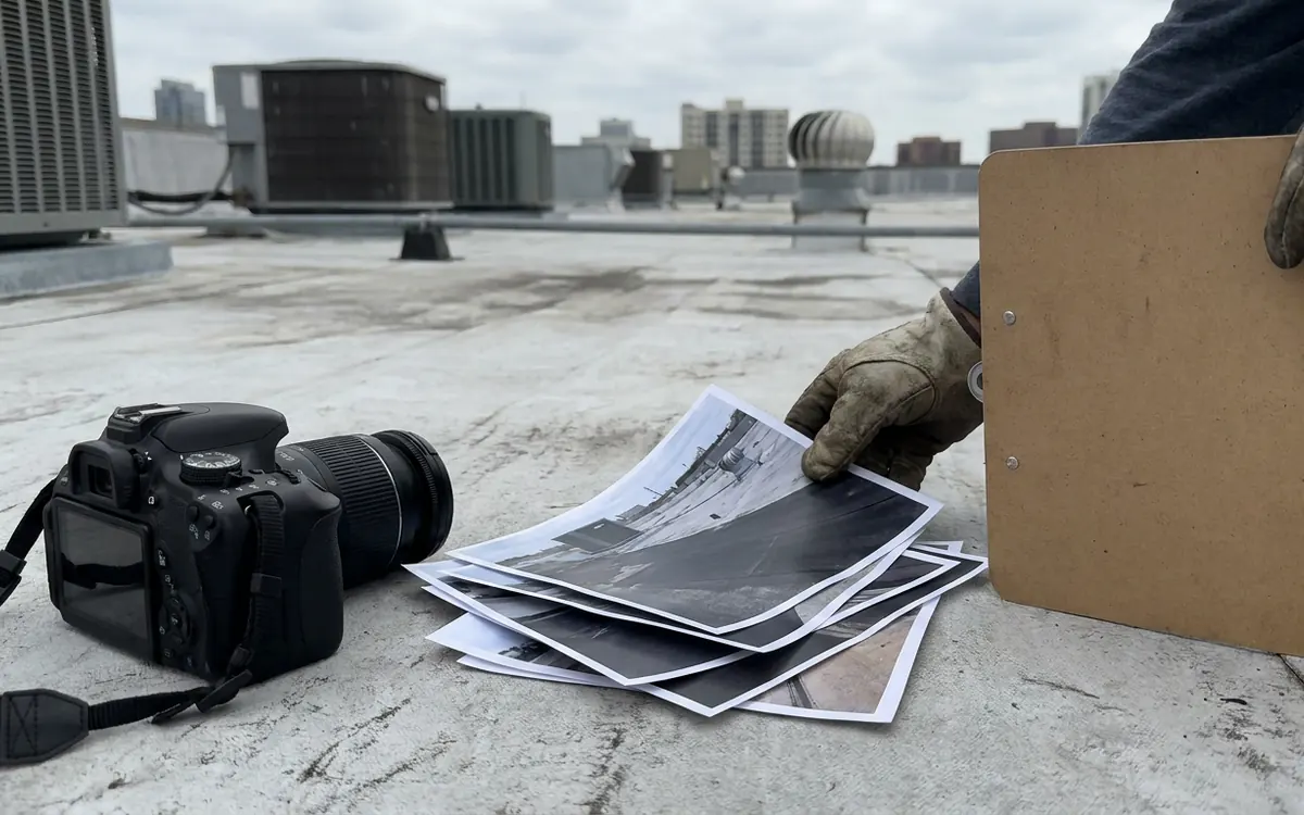 Commercial roof condition photos and inspection notes on a clipboard
