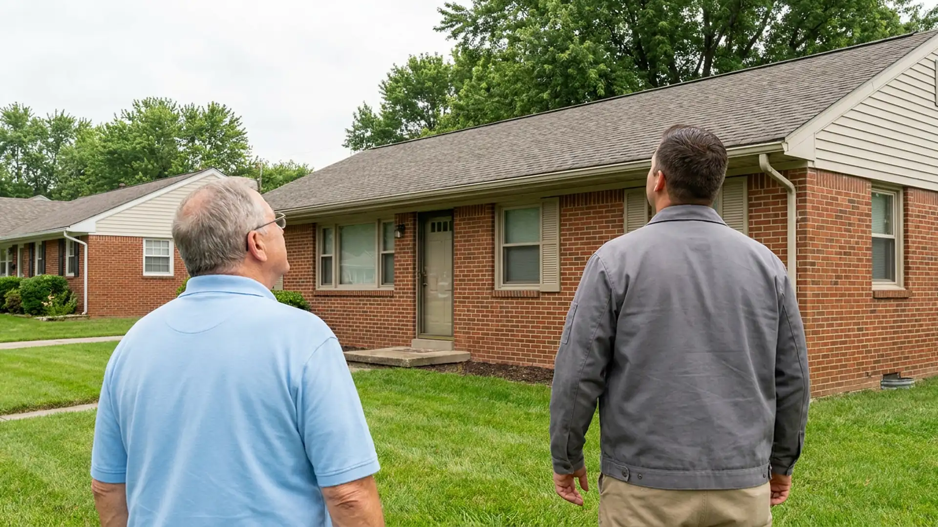 Homeowner and roofing professional discussing a residential roof concern