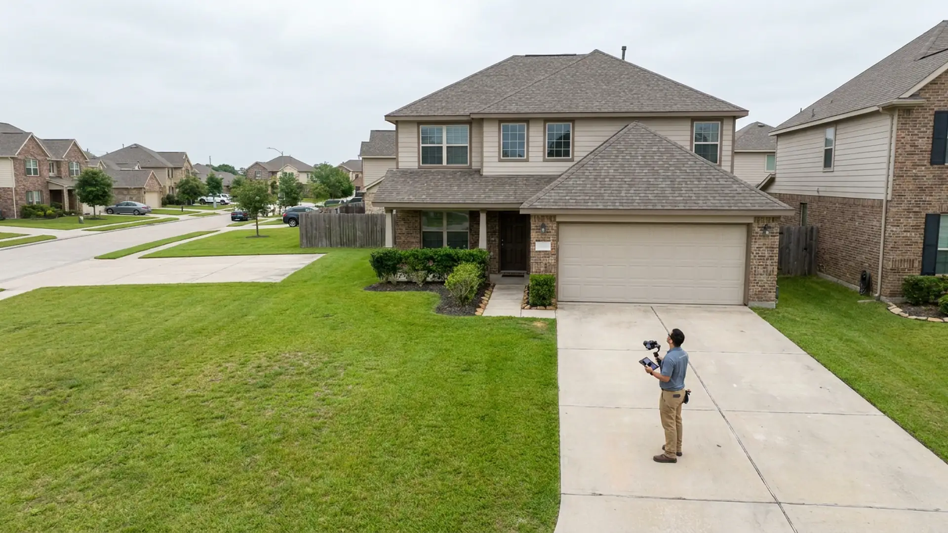 Rental property owner reviewing a residential roof with a roofing professional