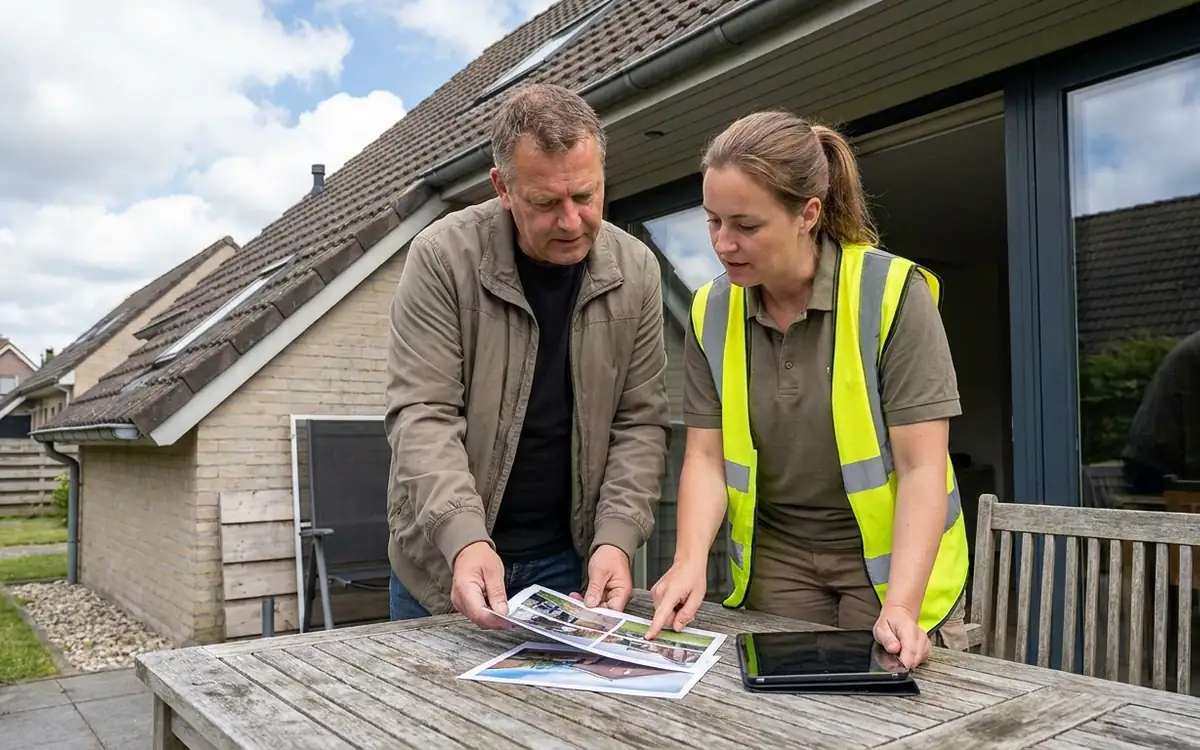 Rental owner and roofing professional reviewing roof photos