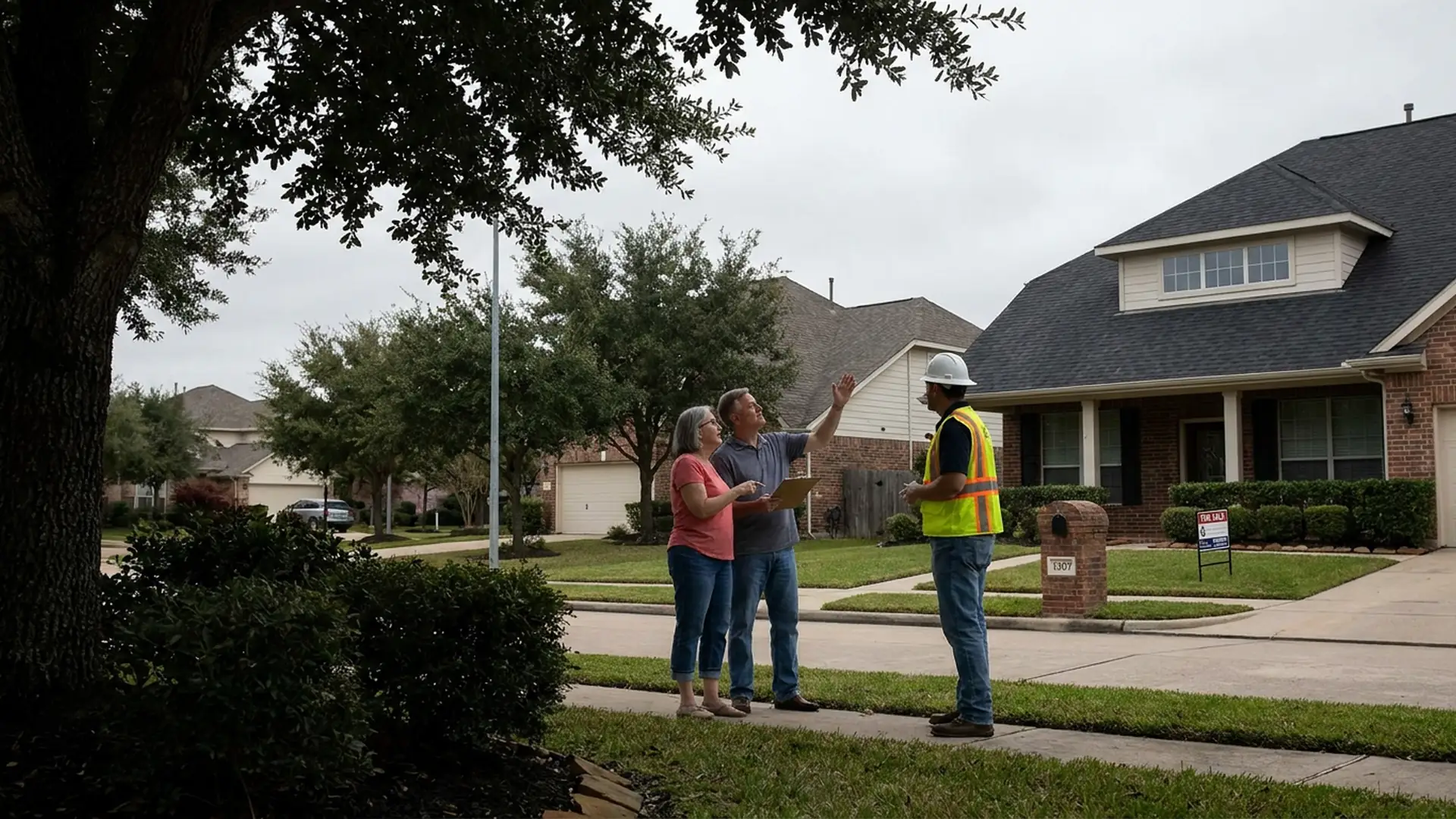 Homebuyer reviewing a residential roof with a roofing professional