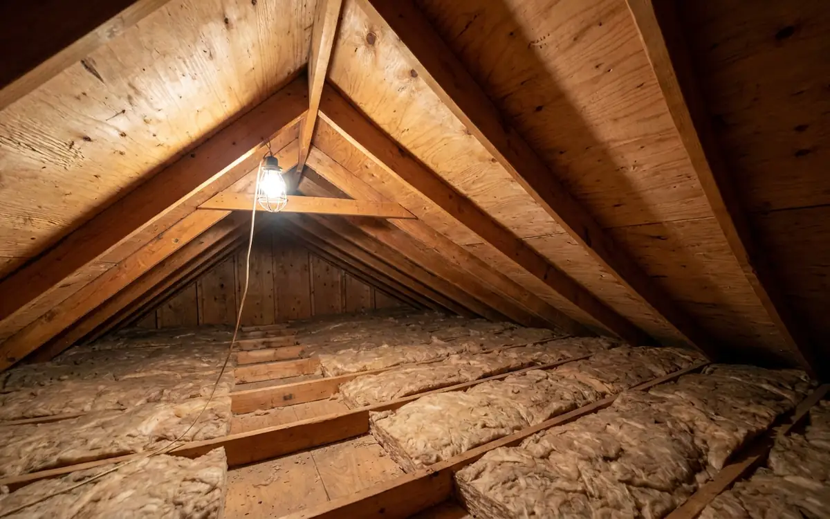 Visible residential attic roof decking and insulation