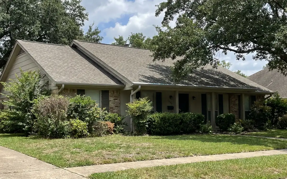 Ground-level view of a tree-screened shingle roof with eaves and gutters
