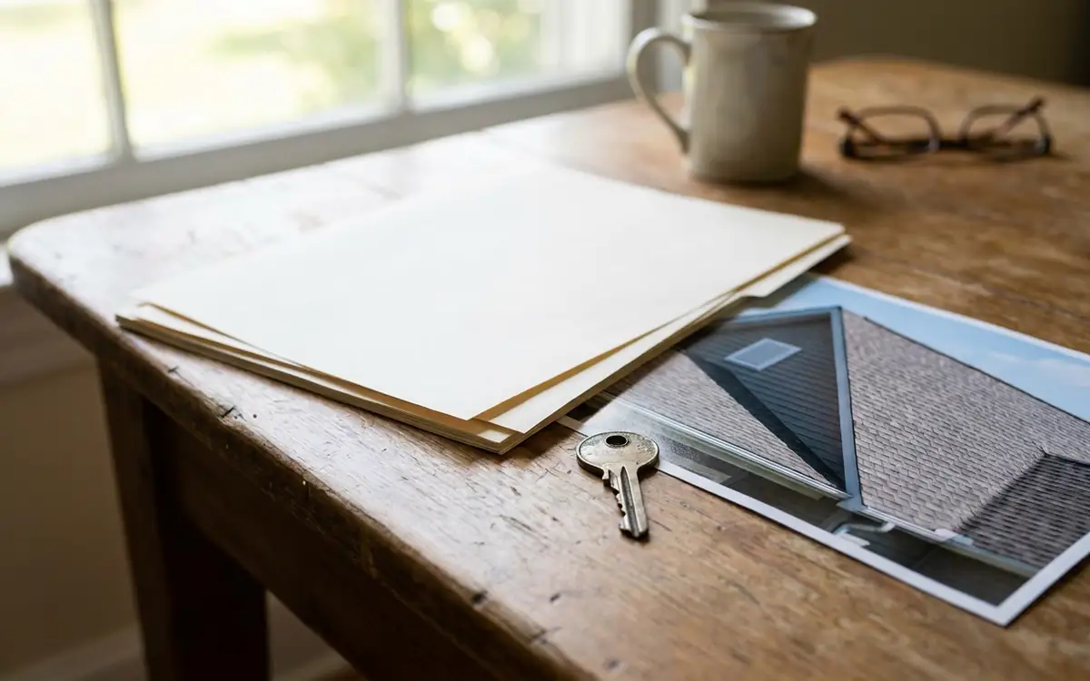 Home purchase documents and a roof photograph