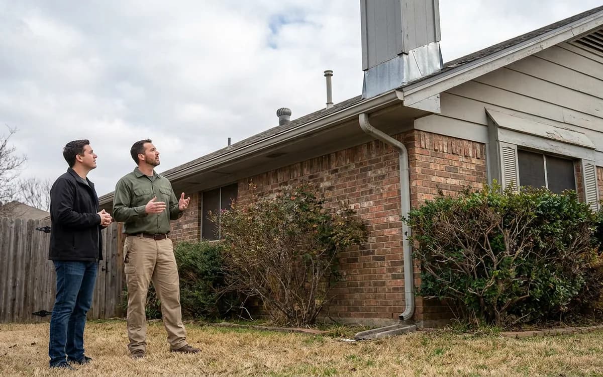 Homebuyer and roofing professional discussing roof edge and gutter details