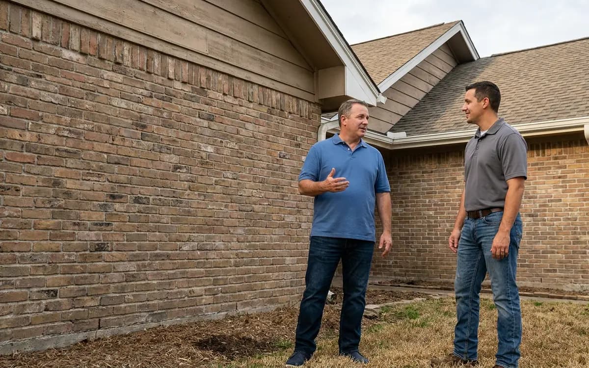 Homeowner and roofing professional talking beside a residential roof