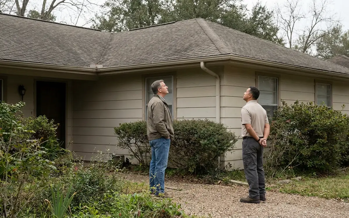 Homebuyer and roofing professional discussing a roof from the ground