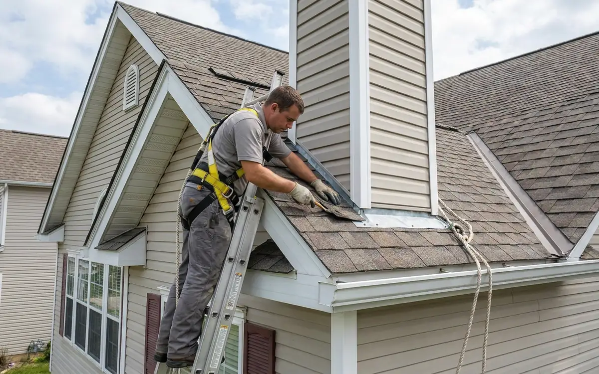 Roofing professional safely inspecting roof flashing from a secured ladder