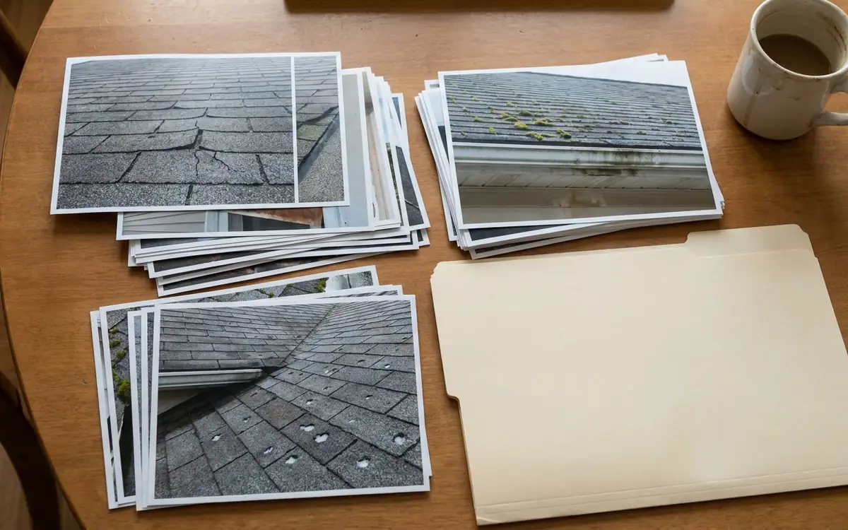 Roof-condition photographs and a blank storm-history folder