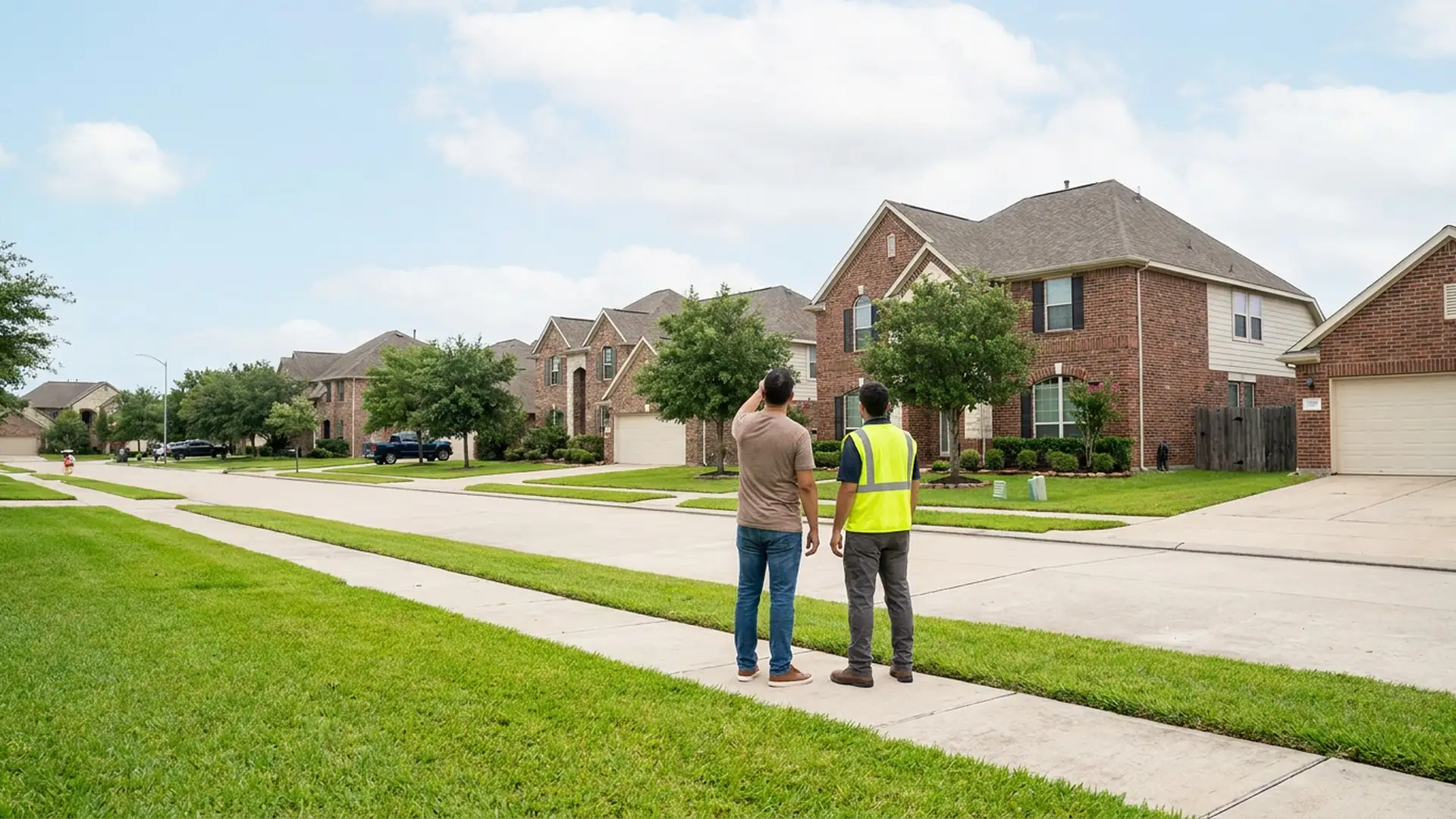 Homeowner reviewing residential roof condition with a roofing professional before listing