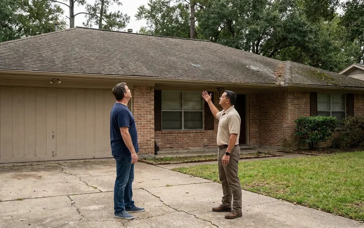 Homeowner and roofing professional discussing a residential roof before listing