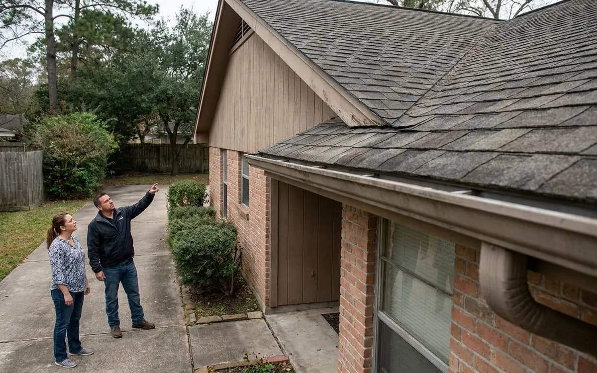 Homeowner and roofing professional discussing a residential roof beside a brick house