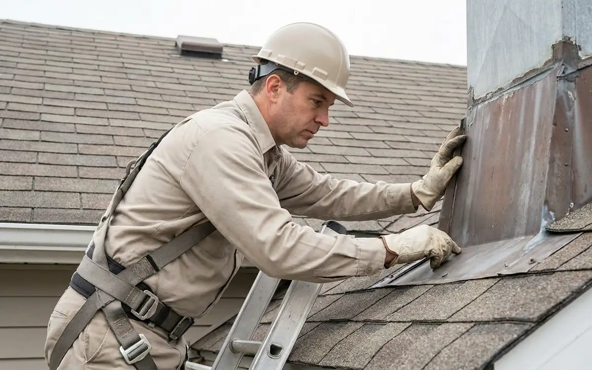 Roofing professional safely inspecting visible flashing