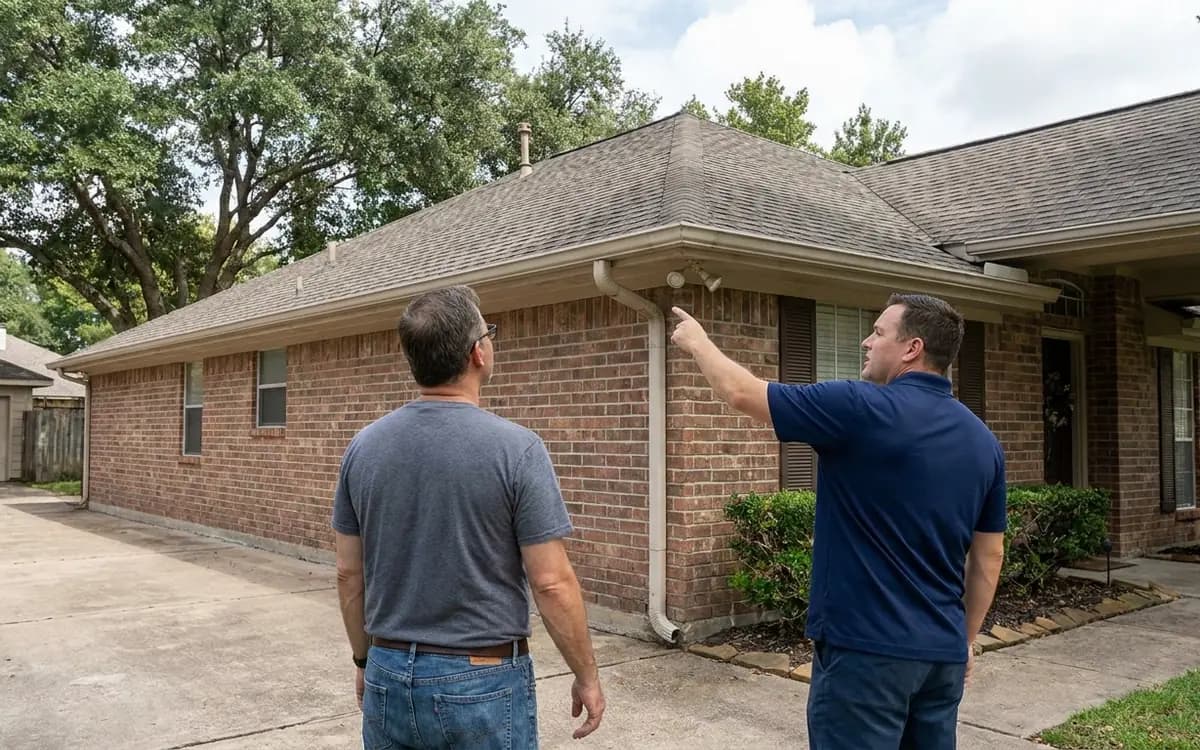 Seller and roofing professional discussing roof eaves and gutters outdoors