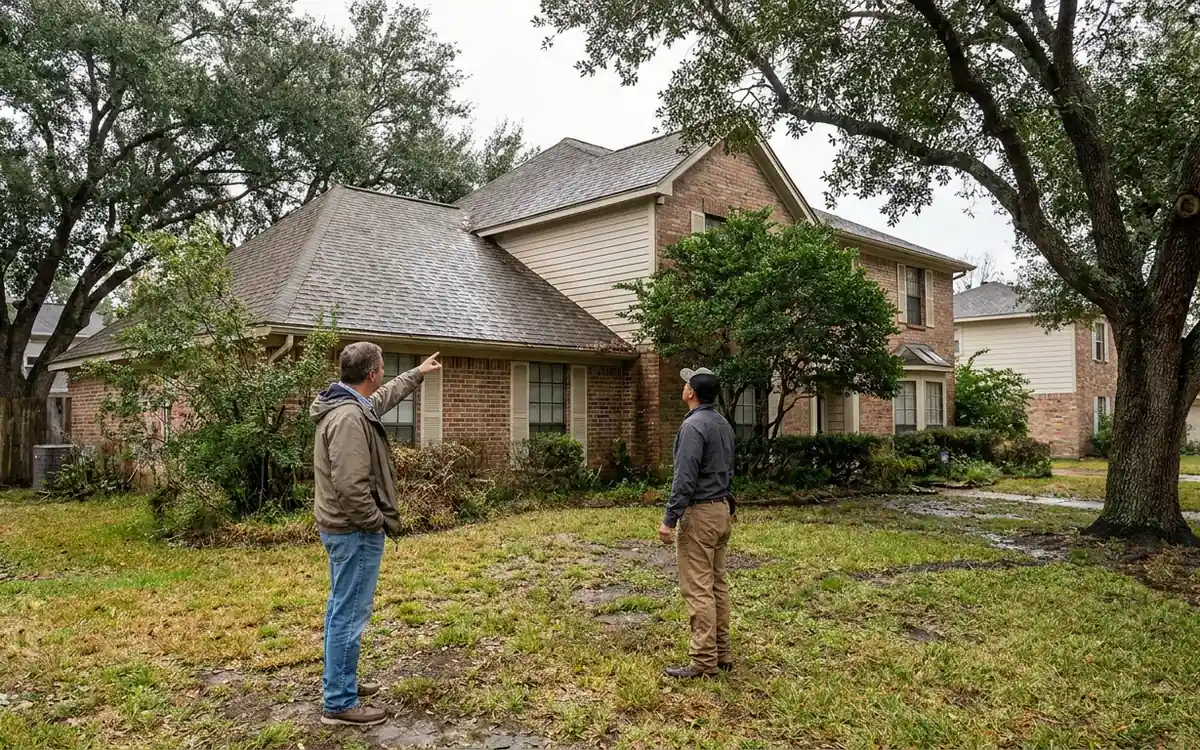 Seller and roofing professional looking toward a residential roof before listing