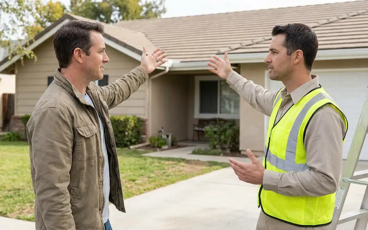 Homeowner and roofing professional discussing roof inspection options