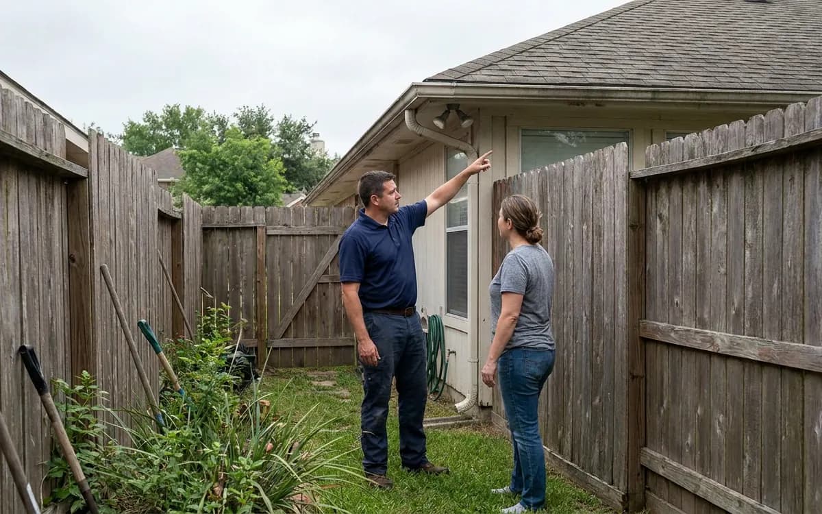 Homeowner listening as local roofing professional points toward a roof edge